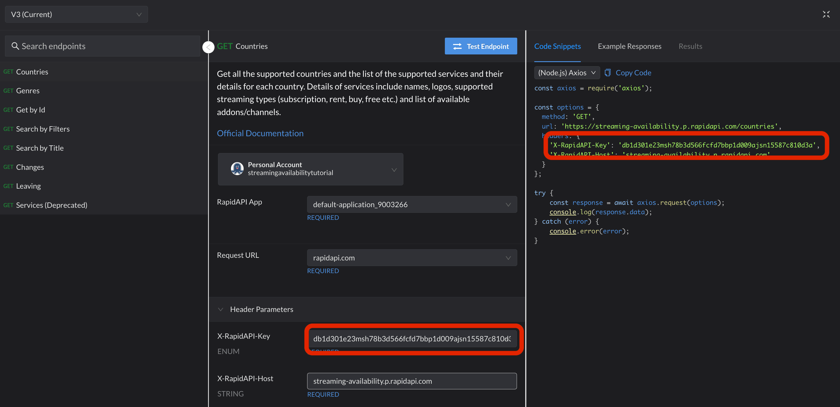 Image showing the location of API key on the Streaming Availability API's RapidAPI page