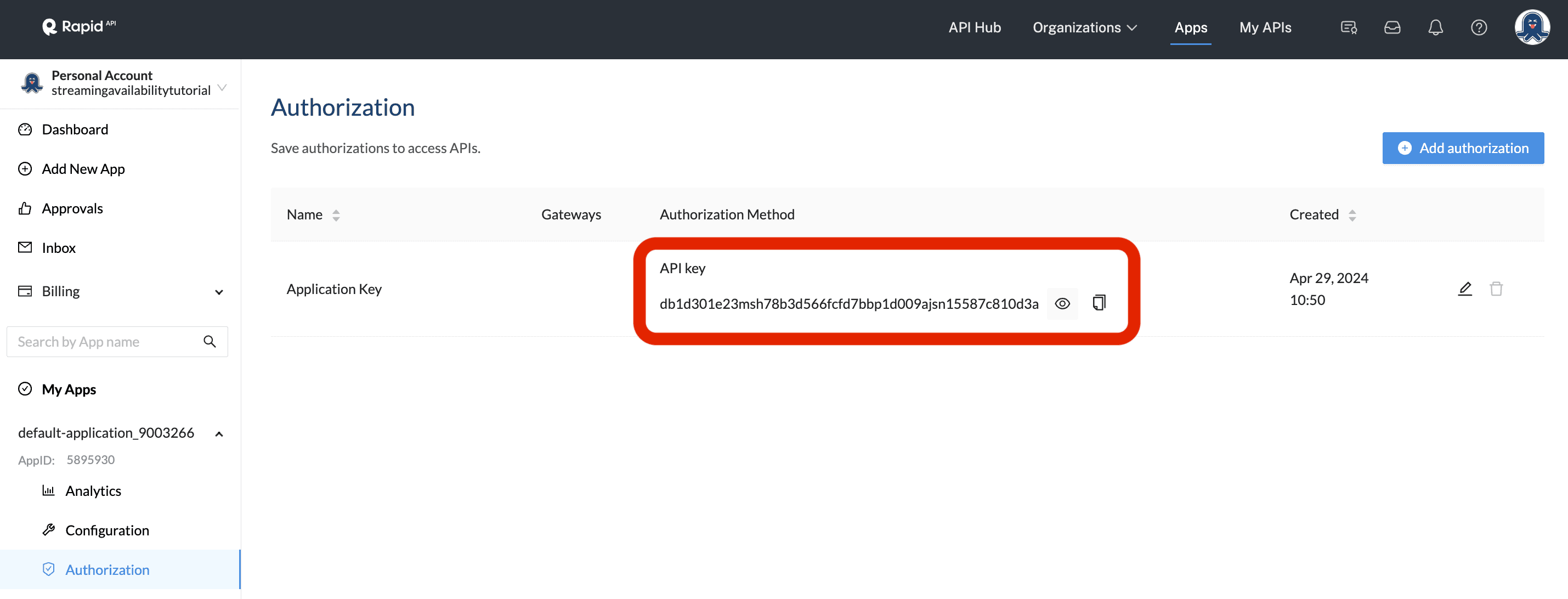 Image showing the location of API key on the RapidAPI Developer Dashboard